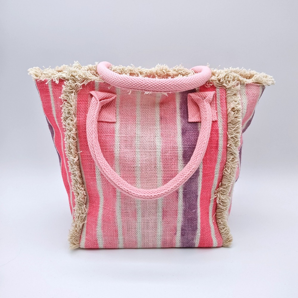 Two's Company Pink Stripe Jute Fringe Tote Bag Boho Beach Purse